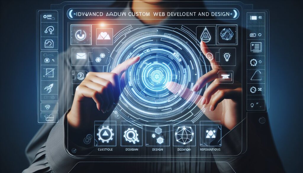 The image portrays a pair of hands delicately crafting a digital interface on a futuristic holographic screen, symbolizing the intricate work involved in custom website development and the importance of UI/UX design.