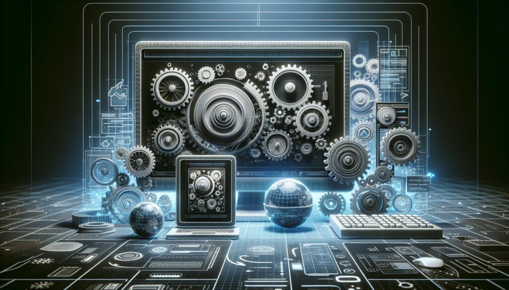 The image showcases a sleek, modern website design on a desktop computer, with smaller versions of the same website perfectly adapted to a tablet and smartphone screen, symbolizing the essence of a responsive website. The background subtly fades into a vibrant array of connected gears and tools, representing the strategies involved in the process.