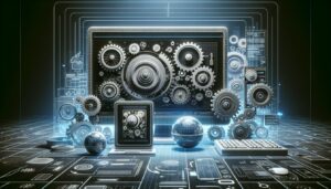 The image showcases a sleek, modern website design on a desktop computer, with smaller versions of the same website perfectly adapted to a tablet and smartphone screen, symbolizing the essence of a responsive website. The background subtly fades into a vibrant array of connected gears and tools, representing the strategies involved in the process.
